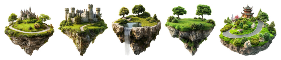 PNG Floating islands with castles, element set on transparent background
