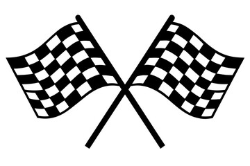 Two crossed checkered flag silhouette vector, sports finish line flag black symbol
