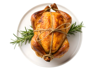 Roasted poultry tied with twine sits on a white plate garnished with fresh rosemary sprigs