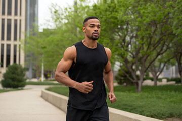 Fototapeta premium Black man jogging on city park trail during overcast day, athletic, outdoor fitness
