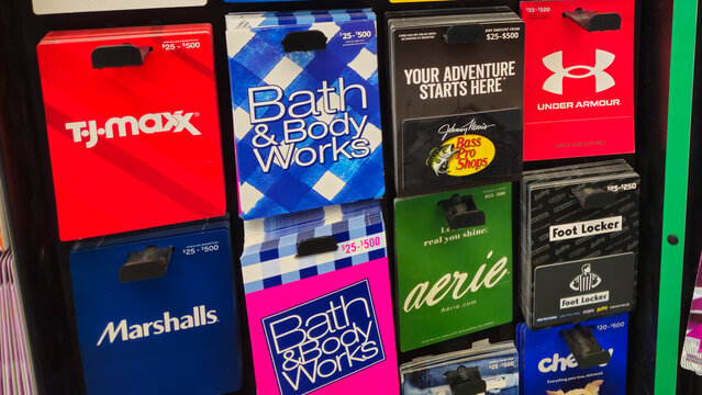 Minnesota, USA - Oct 21, 2025: A collection of various gift cards from retailers, including TJ Maxx, Marshalls, Bath & Body Works, Bass Pro Shops, Under Armour, Aerie, and Foot Locker. Editorial Use.