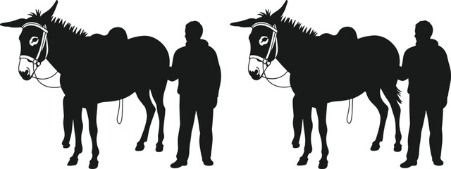 Silhouettes of person with donkey in rural setting, black vector illustration for agriculture, transport, labor, companionship, and human-animal interaction concept