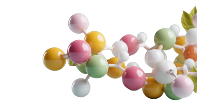 Molecular Marvel: A macro perspective unveils a vibrant, interconnected molecular model, illuminating the beauty and complexity of the building blocks of life, with a soft, bright backdrop.