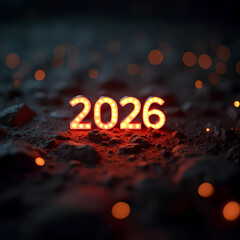 Glowing neon digits of 2026 resting on a dark textured surface