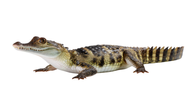 Caiman in Profile: A solitary caiman, a reptile with armored skin, stands poised, showcasing its sleek form and predatory demeanor against a soft background.