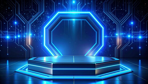 Futuristic Blue Neon Stage with Circuit Board Background, Technology Presentation Platform