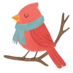 Red bird hand drawn pastel texture transparent PNG for Christmas cards winter stickers wreath accents and cozy social posts