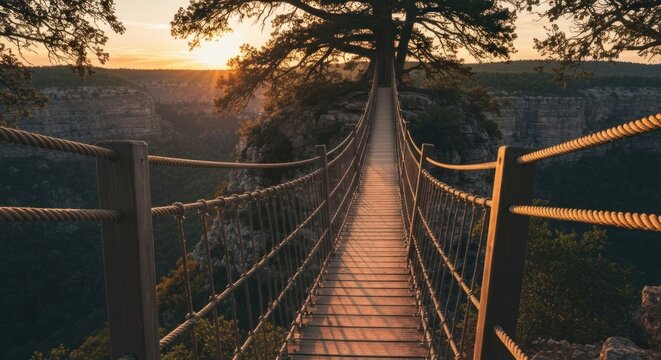 Fototapeta Rope bridge spans a canyon at sunset, anchored to a prominent tree