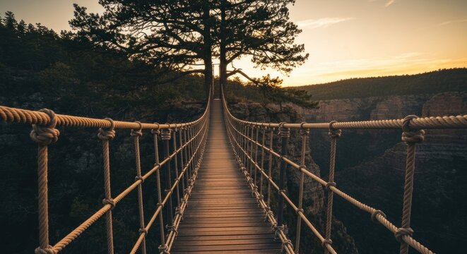 Fototapeta Rope bridge to giant tree over canyon, sunset