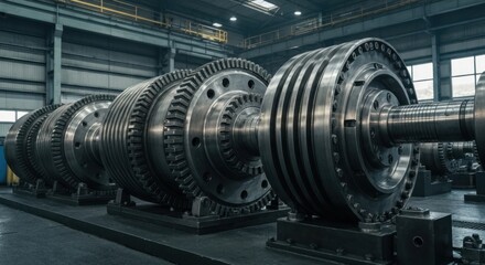 Row of massive industrial turbine rotors under dim factory lighting