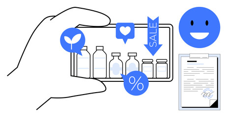 Hand holding smartphone displaying bottle products with eco and discount icons. Clipboard with signed document, happy review, sale tag. Ideal for e-commerce, sustainability, marketing, branding