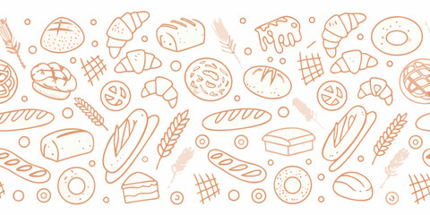 Seamless pattern of various baked goods and wheat ears in a simple line art style