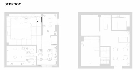 Minimalist architectural floor plan layout of a bedroom and adjoining living space with furniture