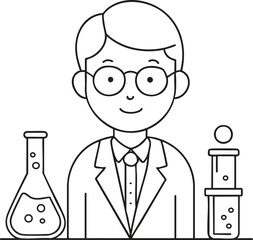 Curious scientist in lab coat with beakers illustration for creative discovery and innovation