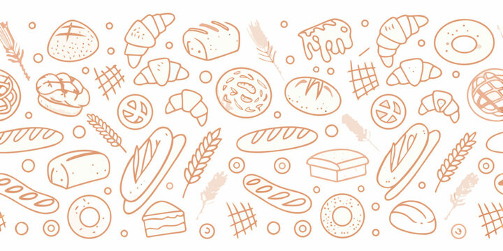 Seamless pattern of various baked goods and wheat ears in a simple line art style