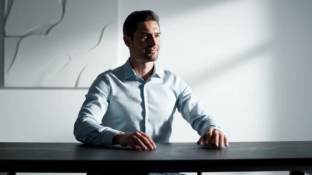 A man interacts with a futuristic digital interface, hands hovering above an invisible screen at a dark table