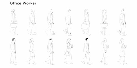 Collection of line art illustrations of diverse office workers walking in profile view
