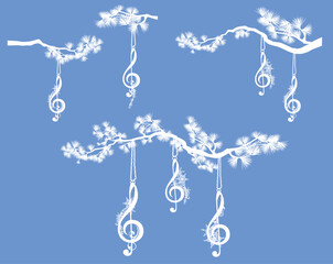 winter season holidays vector design elements set (editable details) - pine branches decorated with hanging treble clefs and snowflakes for musical event or festival decor