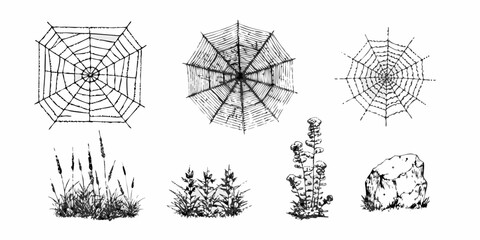 Collection of hand drawn black ink sketches featuring different styles of spiderwebs and natural elements like grass plants and a rock