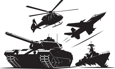 Black silhouette military vehicles helicopter jet fighter tank warship on white army combat