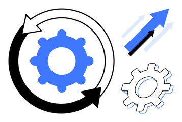 Naklejka na ściany i meble Blue gear surrounded by circular arrows, upward arrow icons symbolize progress, efficiency, and innovation. Ideal for workflow, automation, strategy, growth, optimization systems development