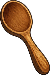 A rustic wooden soup spoon with a curved handle and natural wood grain texture isolated for kitchen use
