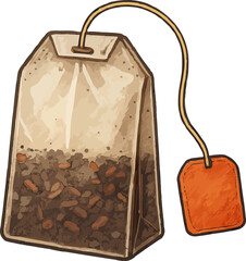 A single paper teabag filled with dark tea leaves and spices, complete with a string and blank orange tag