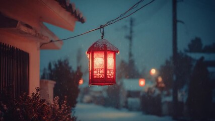 A red lantern hanging outside a house at night during a winter snowfall in the outdoors - Powered by Adobe