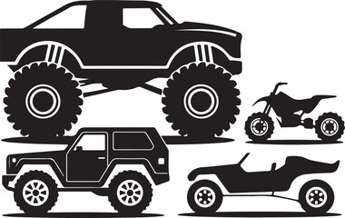 Black silhouette illustrations of monster truck S U V A T V and dune buggy off road vehicle