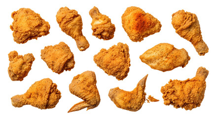 A collection of delicious and crispy fried chicken pieces arranged on a white background.