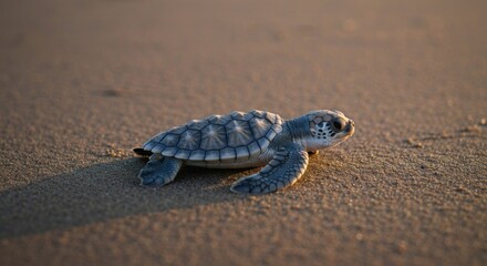 Sea turtle hatchling crawls on beach sand, bathed in warm, soft light