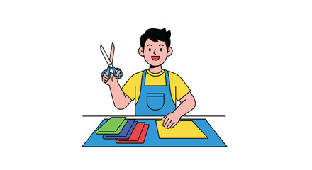 Creative young artist crafting vibrant paper projects with scissors at a bright blue desk, perfect for DIY tutorials and children's craft ideas