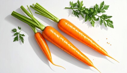 Fresh carrots with green tops and leaves arranged artistically on a white backdrop