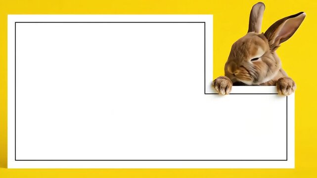 Adorable Brown Rabbit Peeking Over a Blank White Sign on Yellow Background.
