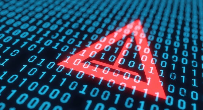 A digital warning symbol amidst binary code, representing cybersecurity and alerts.
