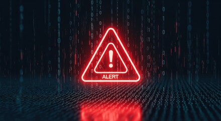 Neon alert sign with a digital backdrop, conveying urgency and warning.