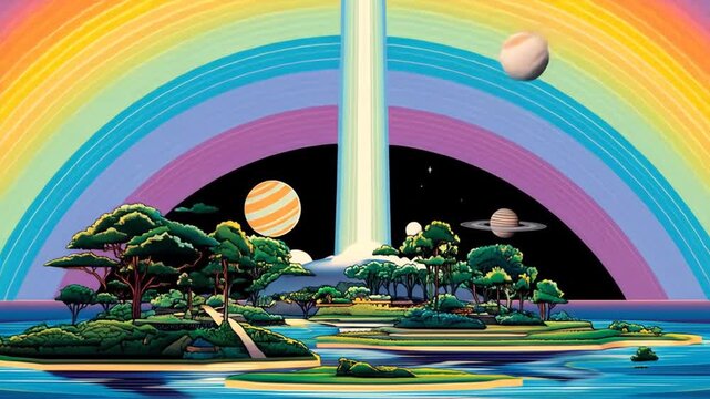 Island paradise surrounded by rainbow and light beam against a dark sky