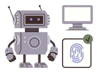 Retro-inspired robot, fingerprint scanned with verification checkmark, and monitor. Ideal for AI, robotics, security, technology, automation innovation and data protection. Simple flat metaphor