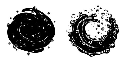 A modern and realistic illustration depicts water swirling with foam bubbles, isolated on a transparent background, showcasing a shampoo, soap, or washing detergent vortex