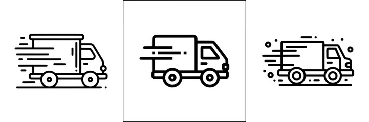 Fast moving shipping delivery truck symbol, represented in line art style, suitable for transportation-related applications and websites, featuring a contemporary design isolated on a transparent