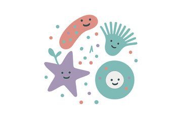 Cute abstract microorganisms and simple marine life forms with smiling faces