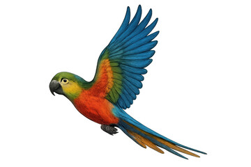 Fototapeta premium Colorful macaw flying with wings spread, tropical parrot bird animal illustration on transparent background