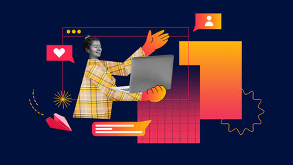 Obraz premium Creative collage. Smiling woman using laptop with chat icons symbolizing customer engagement. Concept of social media marketing, audience connection and emotional communication in digital PR campaigns