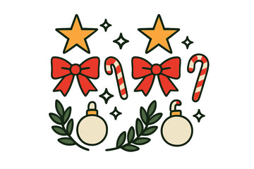 Symmetrical arrangement of Christmas holiday elements including stars, bows, candy canes, ornaments, and greenery