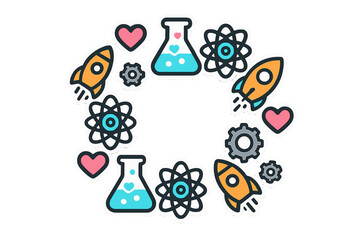 Colorful science, technology, and love icons forming a decorative circular border frame © icon_art