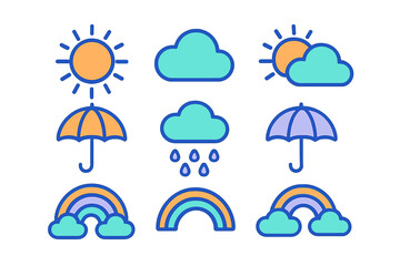 Colorful weather forecast symbols collection featuring sun, clouds, rain, umbrella, and rainbow