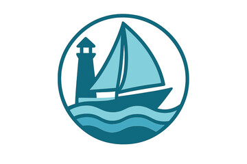 Stylized nautical emblem with a sailing boat and coastal lighthouse on ocean waves