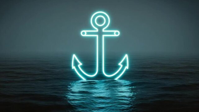 Neon anchor illuminated above water surface abstract digital illustration nautical theme