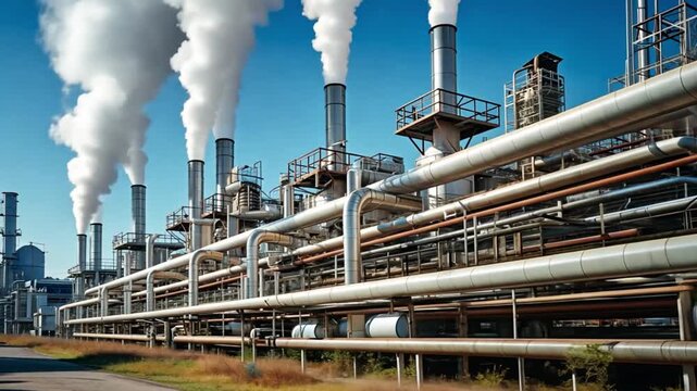 Large Industrial Chemical Plant with Smoke Stacks Against Blue Sky