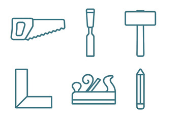 Woodworking and construction tools including saw, hammer, chisel, and plane